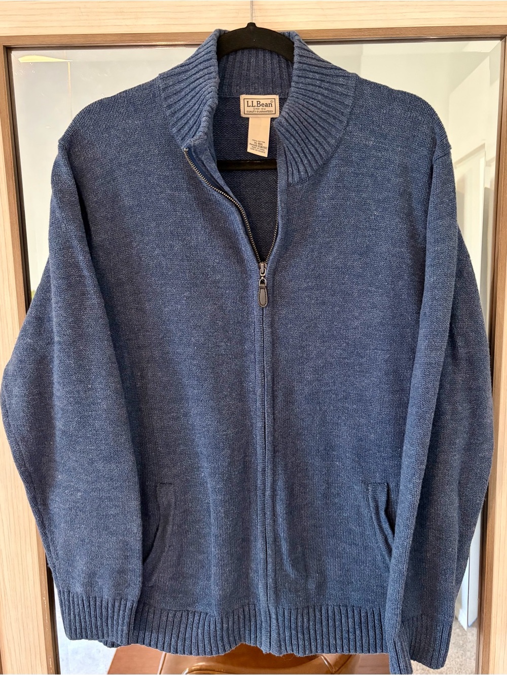L.L.Bean Cardigan Sweater Mens Xl Extra Large Blue Cotton Zip Mock Neck Chunky